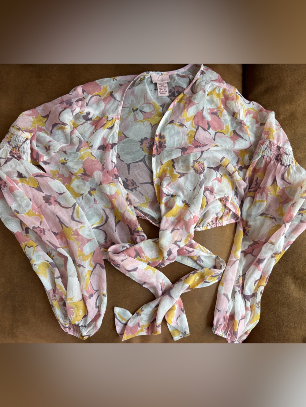 P2D - Fun Sheer Floral Tie-Front Blouse - Pink Multi - XS / S